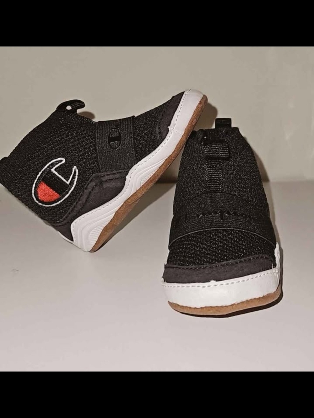 Champion Black Slip-On Knit Baby Walker Sneakers with Red Logo